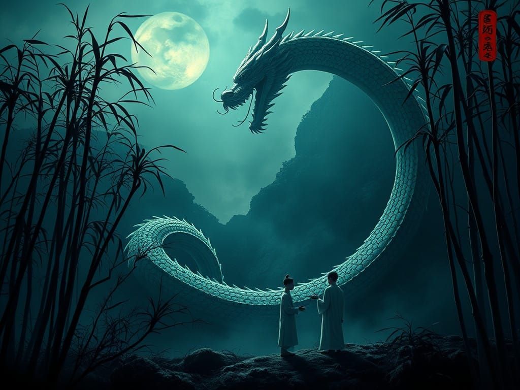 Ethereal Snake-Like Dragon in Haunting Moonlit Landscape