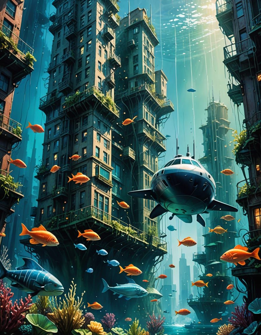 Hyperrealistic Underwater Cityscape with Shimmering Light