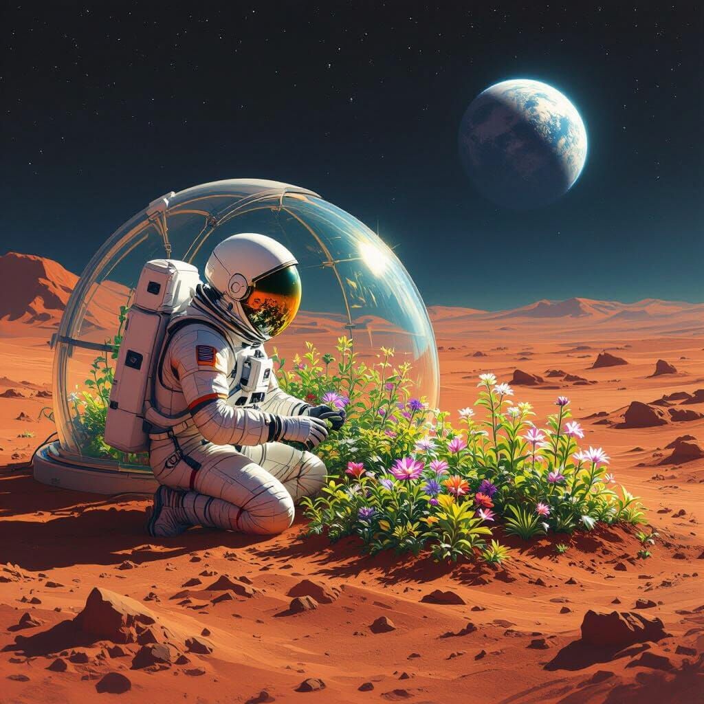 Astronaut's Martian Garden in Classic Sci-Fi Style