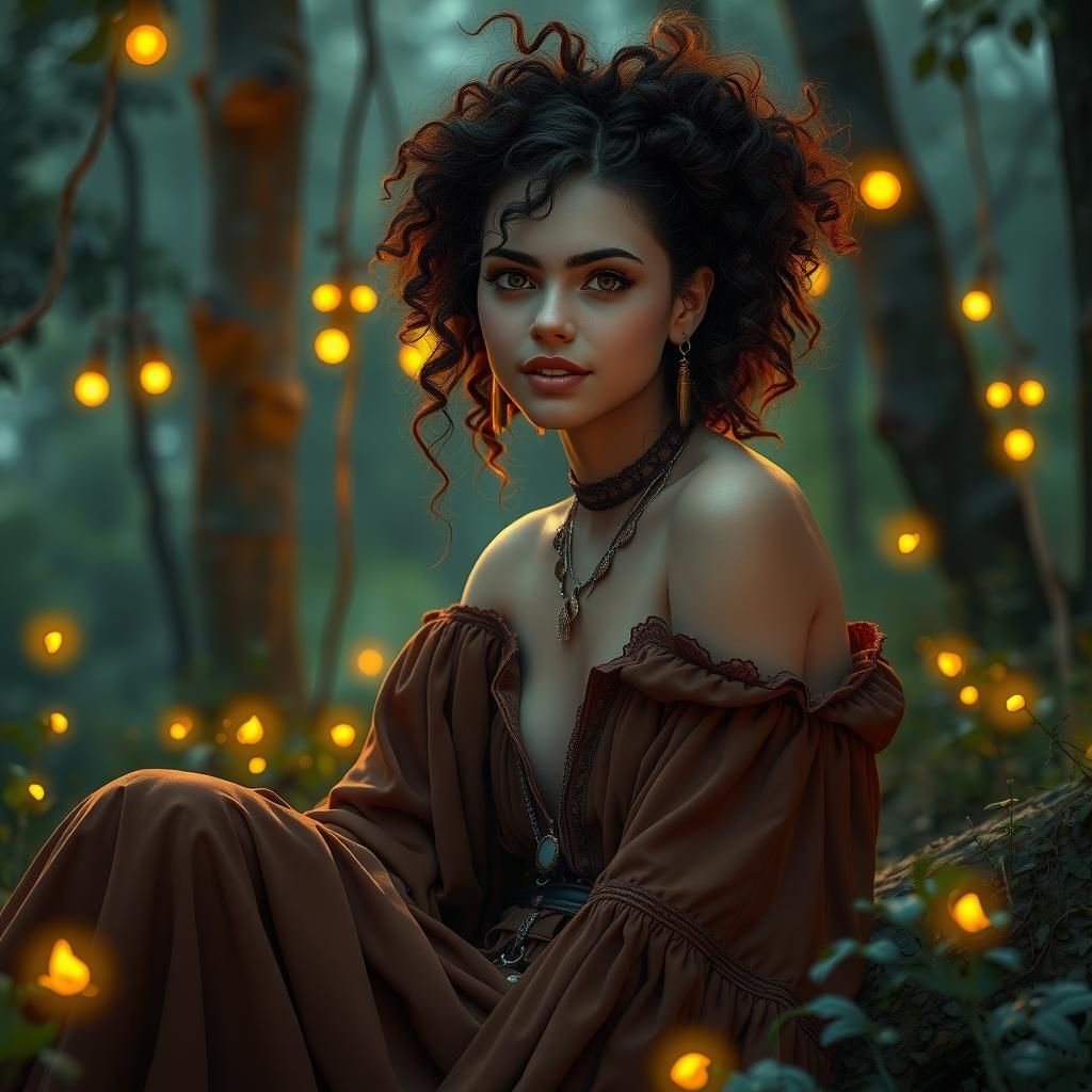 Enigmatic Woman in Forest, Dreamlike Illustration