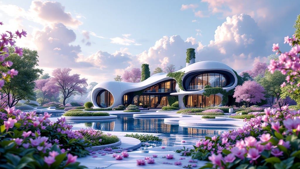 Eco-Modern Mansion in Vibrant Spring Landscape