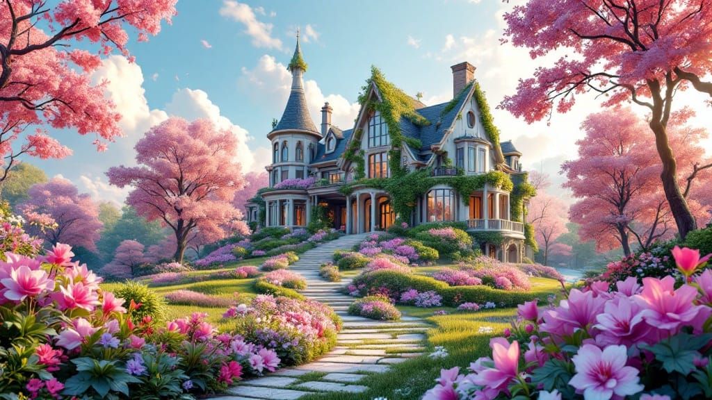 Eco-Modern Mansion Surrounded by Vibrant Spring Florals in a...