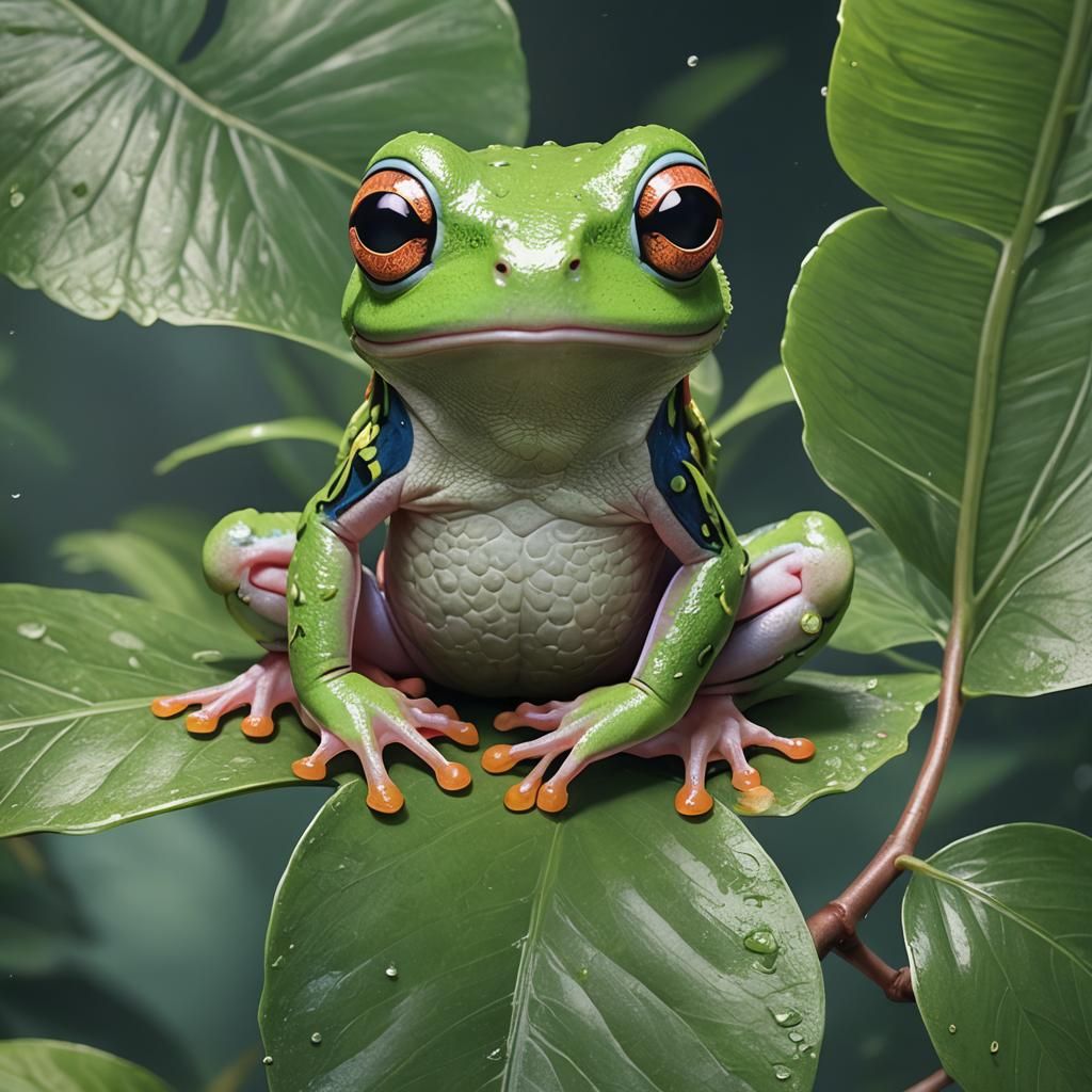 Cute Tree Frog on Leaf in 3D Anime Art