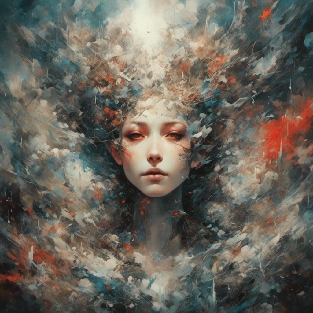 Warrior in Rainbow Portal with Abstract Rain