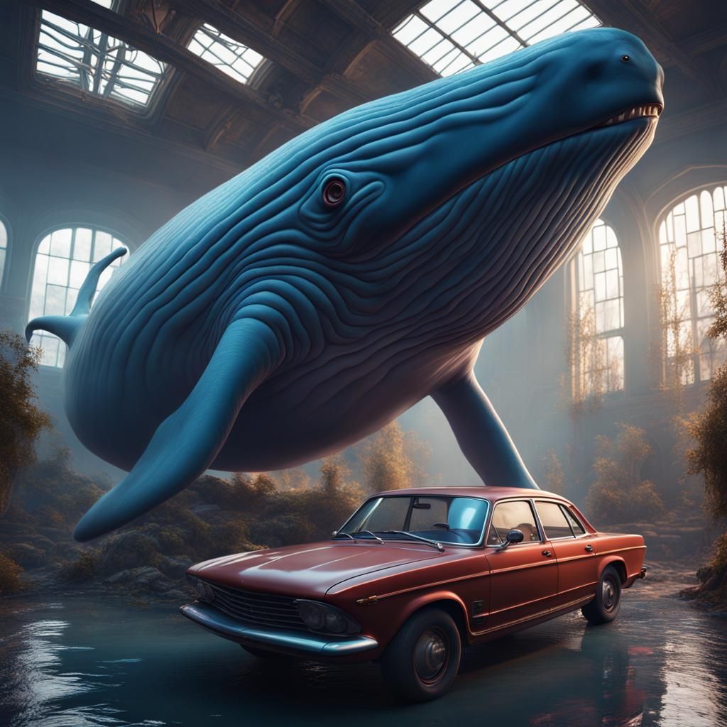 Blue Whale in a Car: Detailed Matte Painting