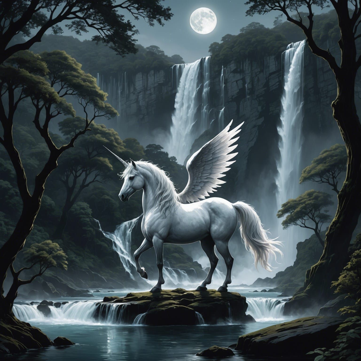 Winged Unicorn at Waterfall in Moonlight
