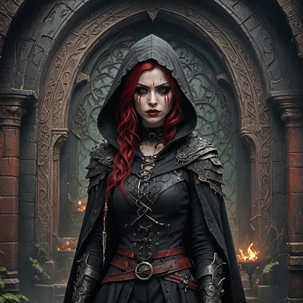 Gothic Rogue with Red Eyes: Detailed Fantasy Art
