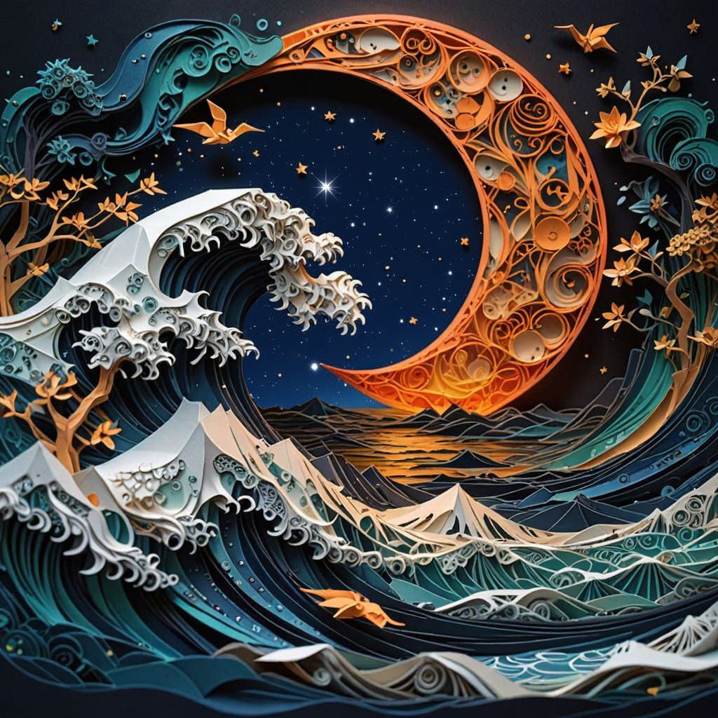 Intricate Kirigami Ocean Wave at Night