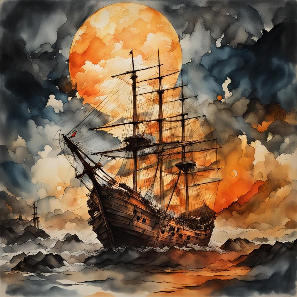 Shipwreck Fantasy Art in Ink Wash Style