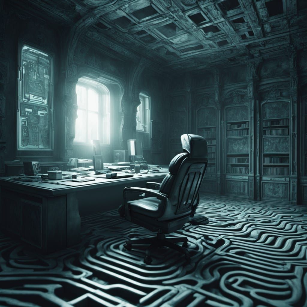 Warped Office Labyrinth in Creepy, Surreal Style