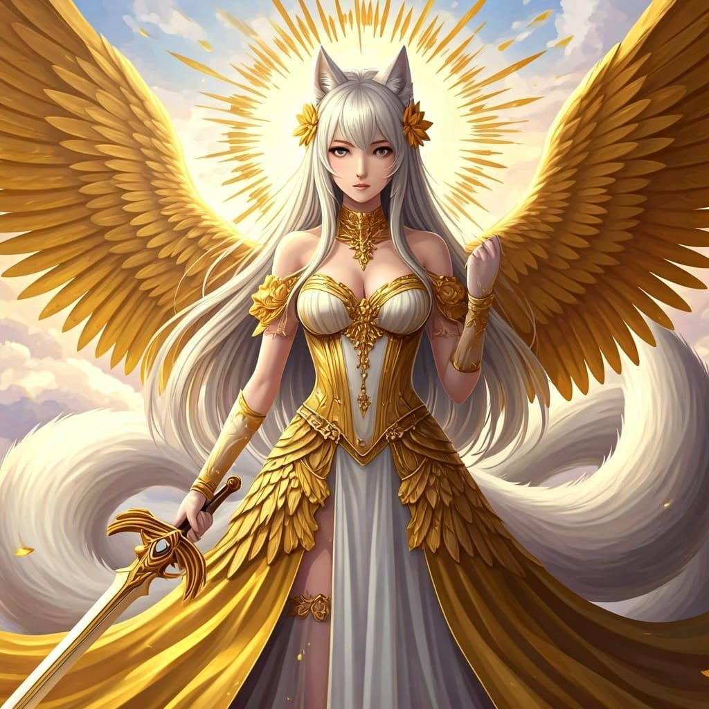 Anime Valkyrie Wolf Girl in Golden Armor