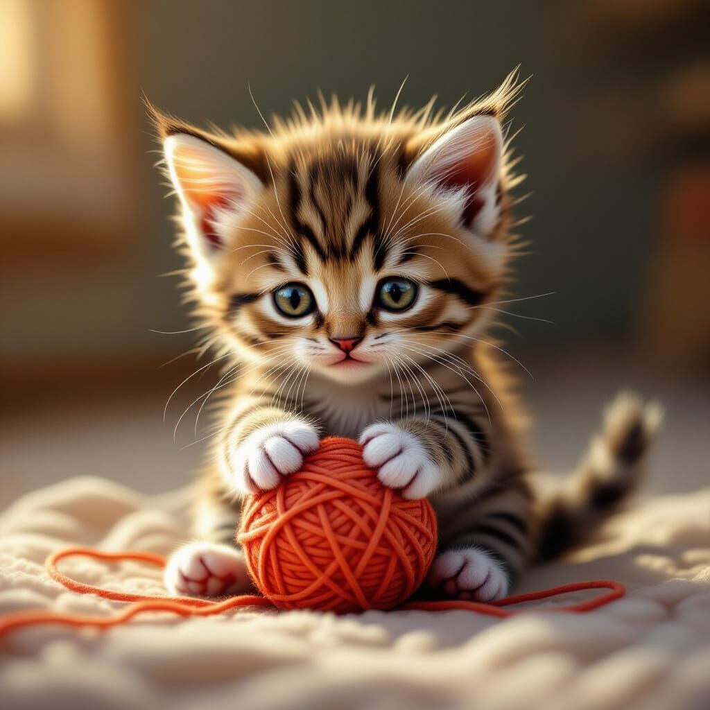 Tiny Kitten Playing with Yarn in Fantasy Art Style