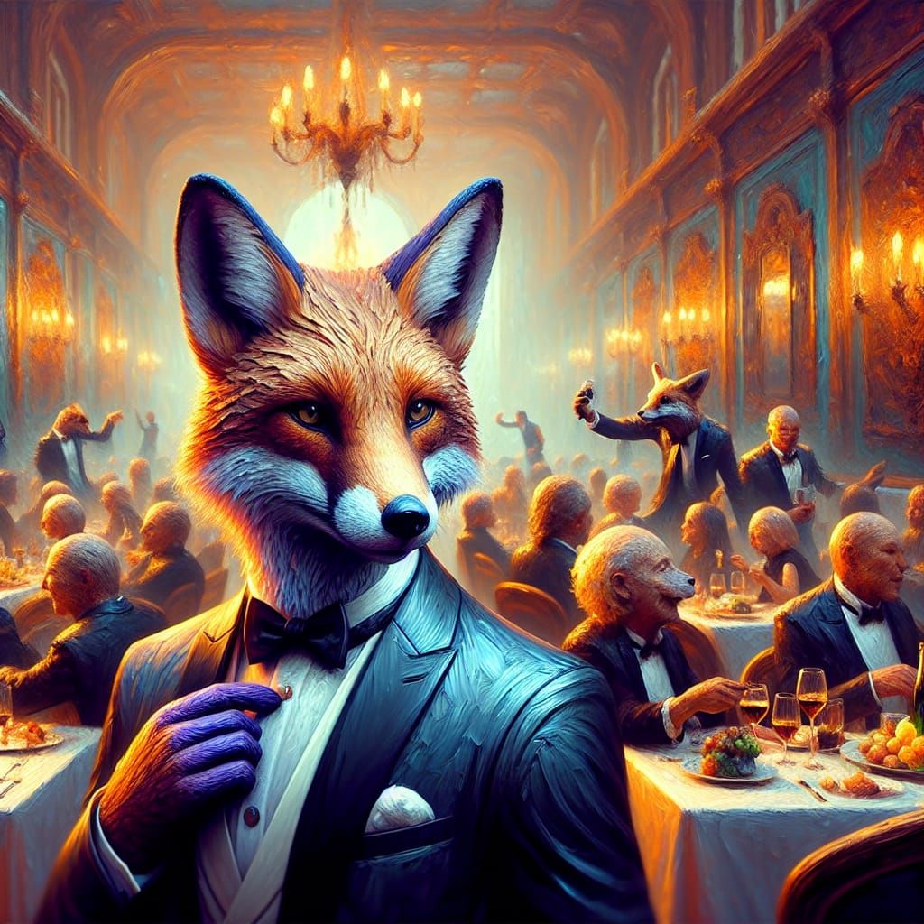 Elegant Fox in Tuxedo at Fantasy Dinner Party