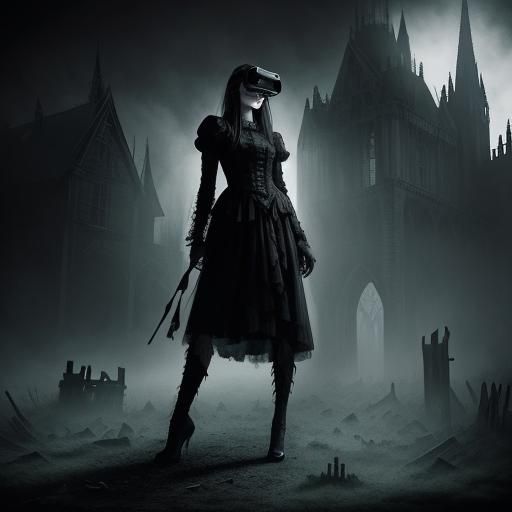 Gothic Model in Haunted House with VR Goggles