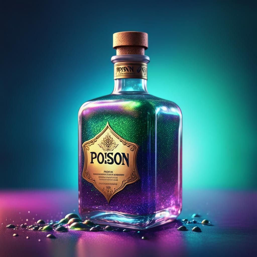 Iridescent Poison Bottle in Hyperrealistic Splash Art