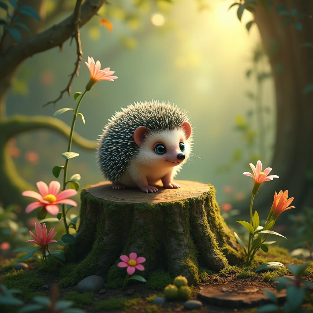 Whimsical Hedgehog in Lush Enchanted Realm