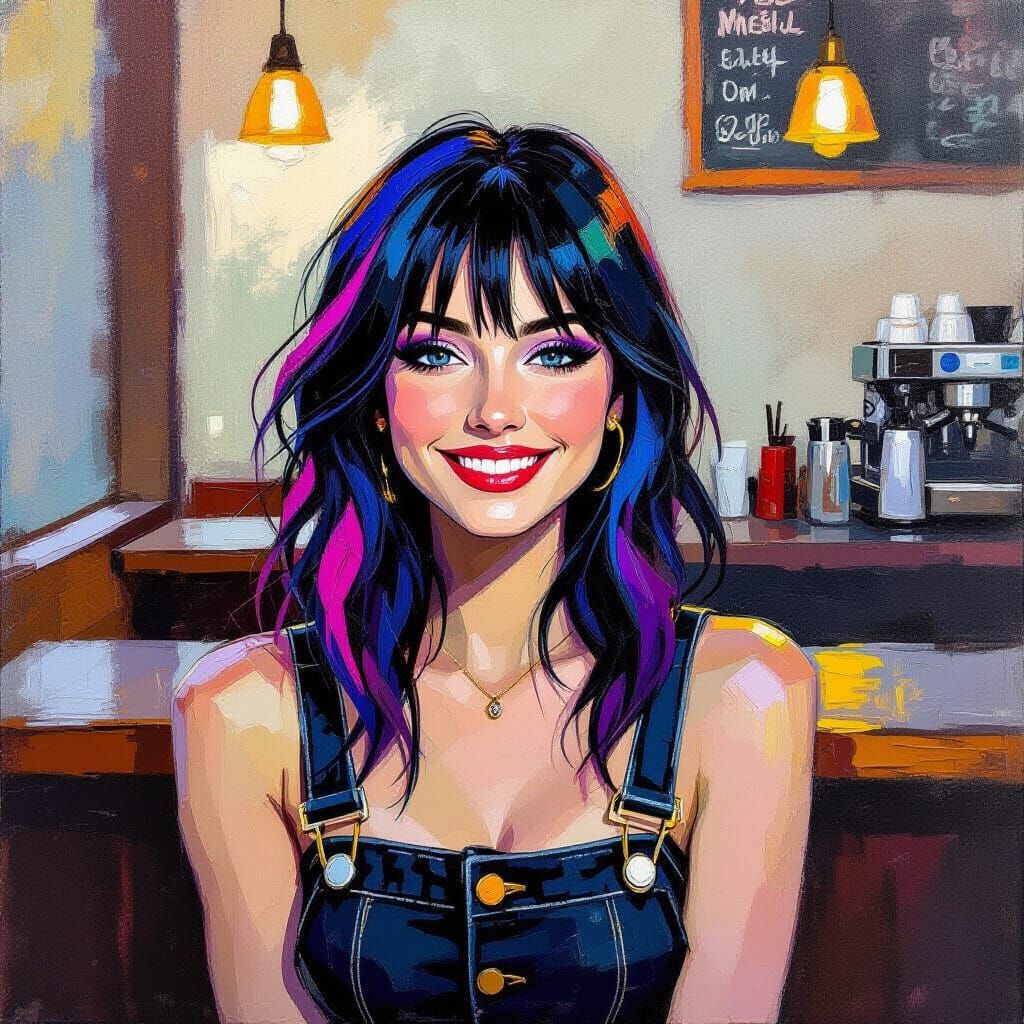 Smiling Girl in Coffee Shop, Impasto Oil Painting