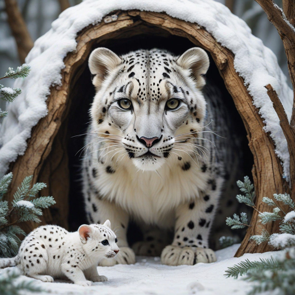 Whimsical Forest Encounter with Snow Leopard and Cute Mice