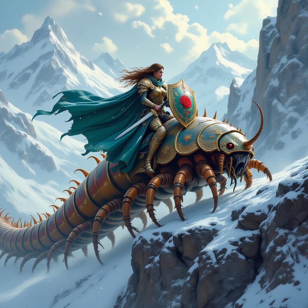 Armored Woman Rides Giant Centipede in Rugged Landscape