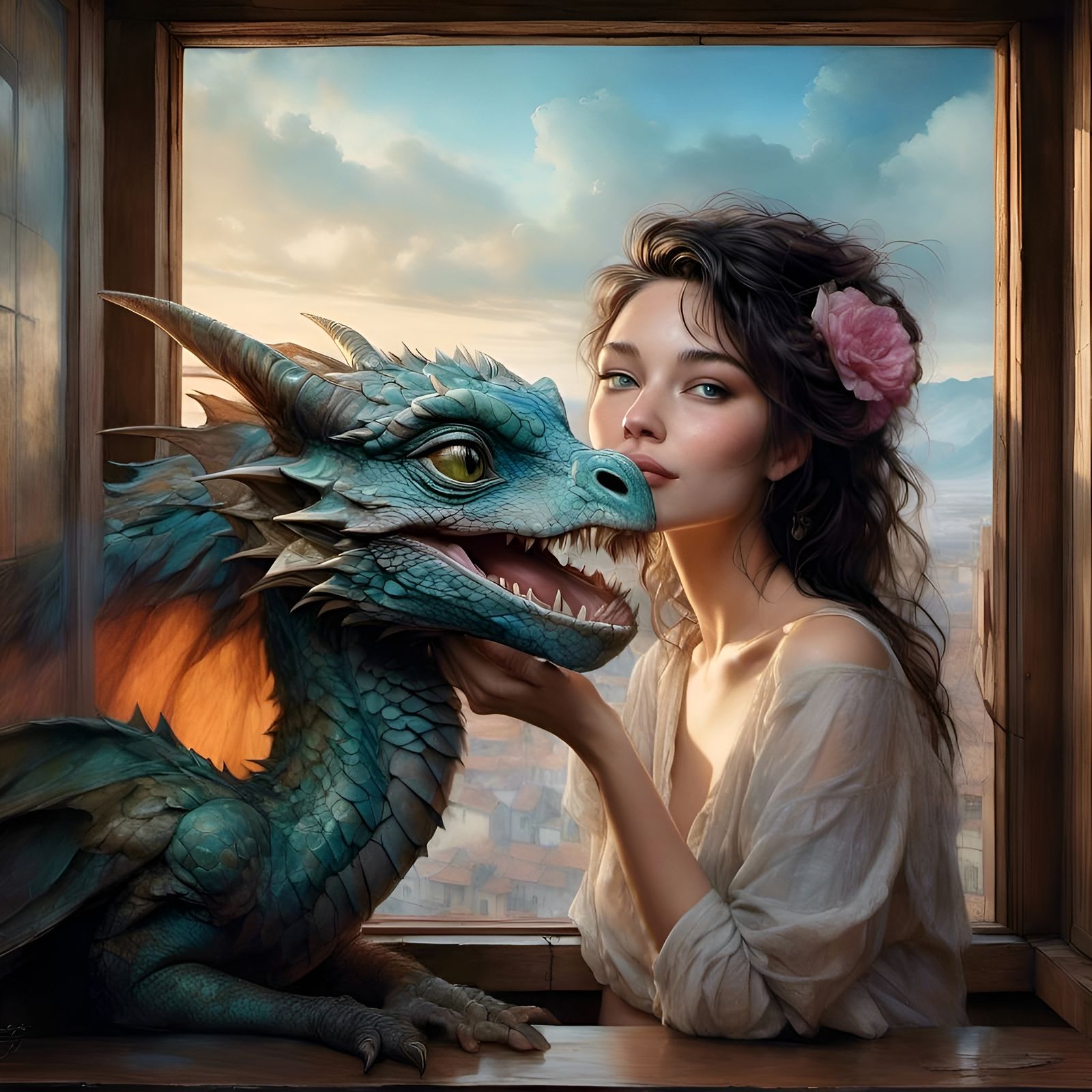 Woman and Dragon Hatchling in Dreamlike Fantasy