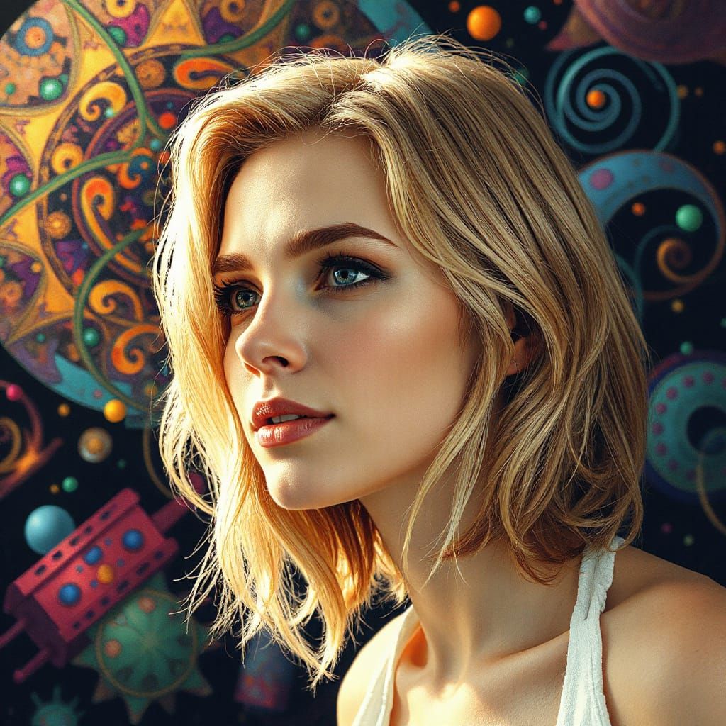 Willowy Woman with Abstract Fractal Background