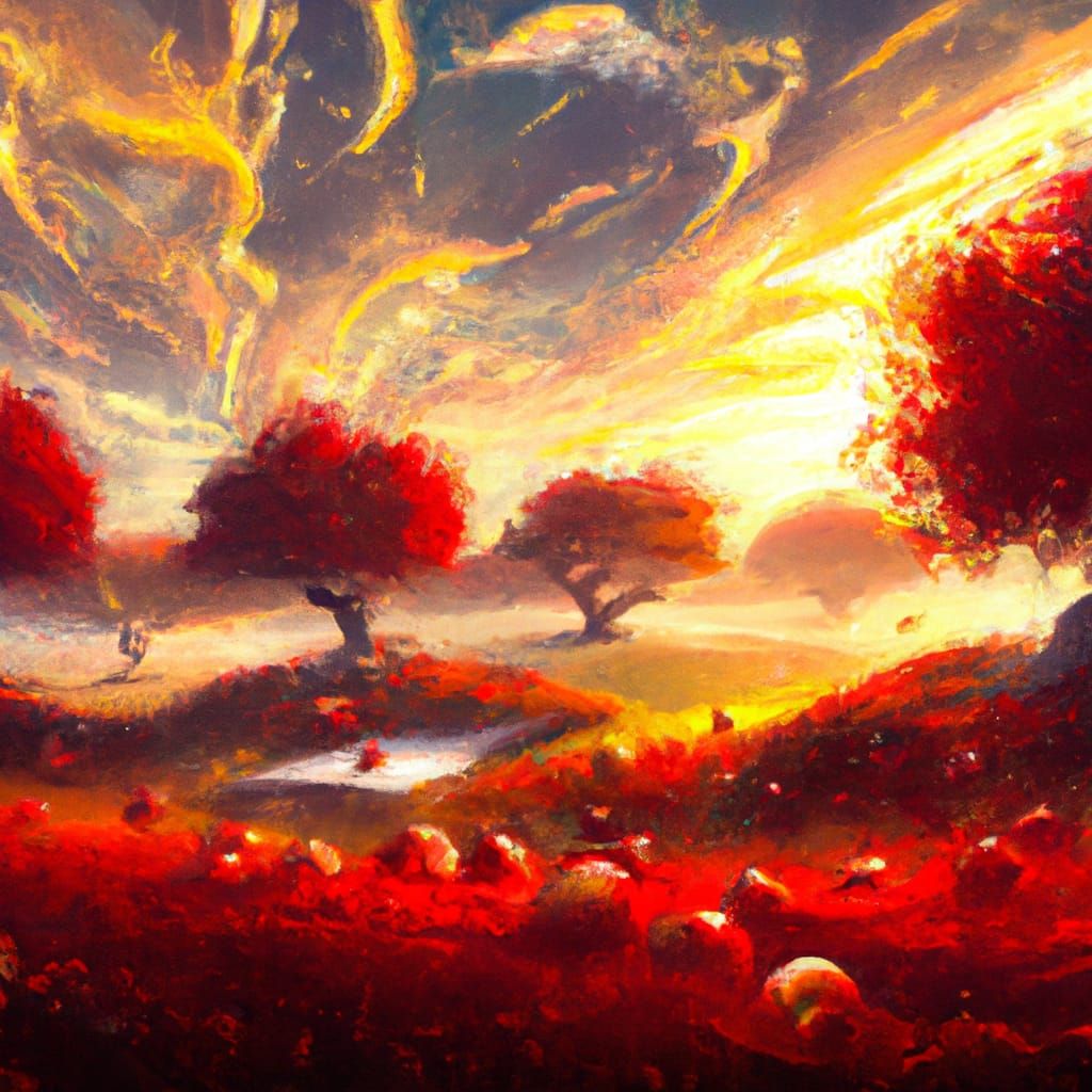 Luminous Orchard Scene in Surrealist Style