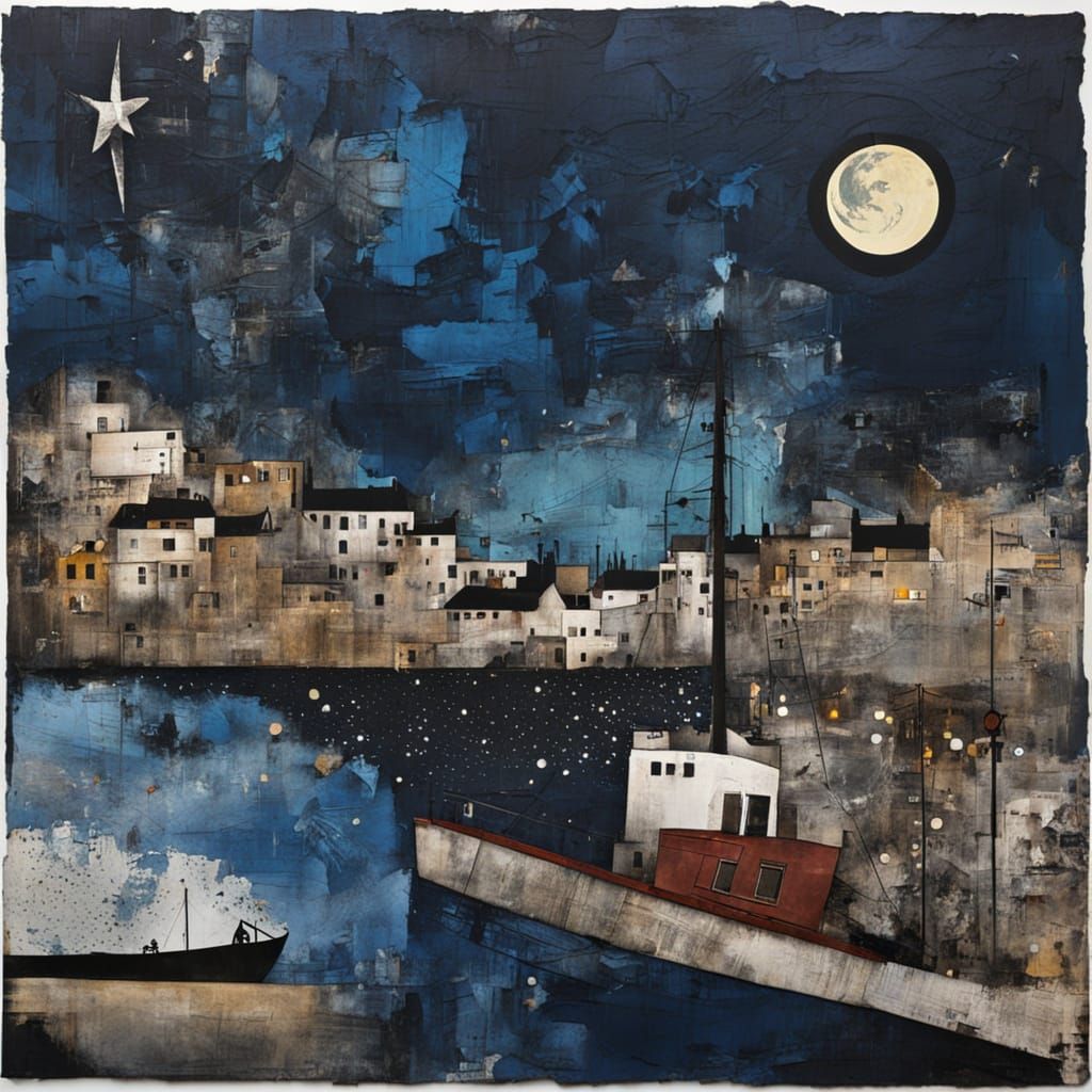 Night Harbour: Distressed Mixed Media Collage