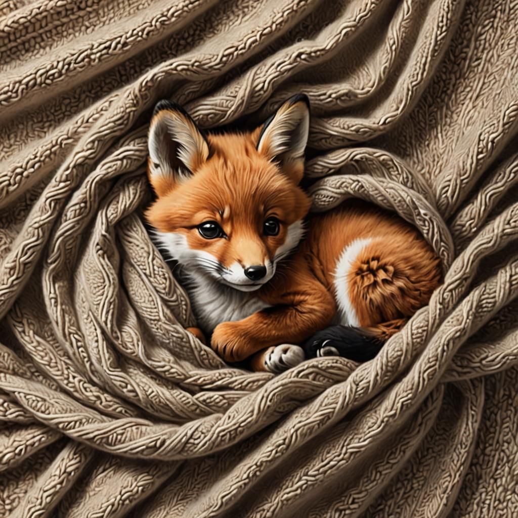 Hyperrealistic Drawing: Adorable Baby Fox in Blanket
