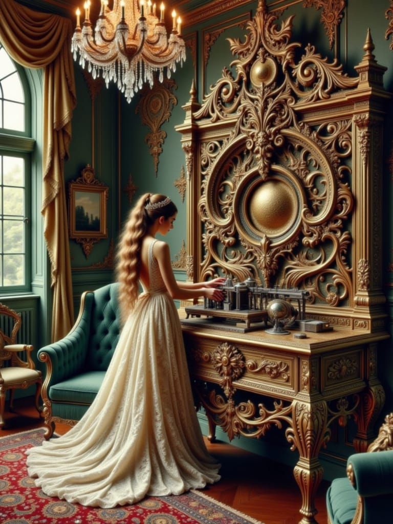 <lora:Leonard:1.0> 🗝️

A young woman in a modest dress plays a fantastic steampunk musical mechanical instrument in a b...