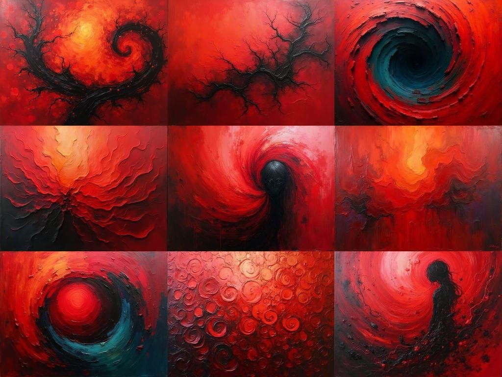 Red Swirling Abstract Shapes in Sad Expressionism Style