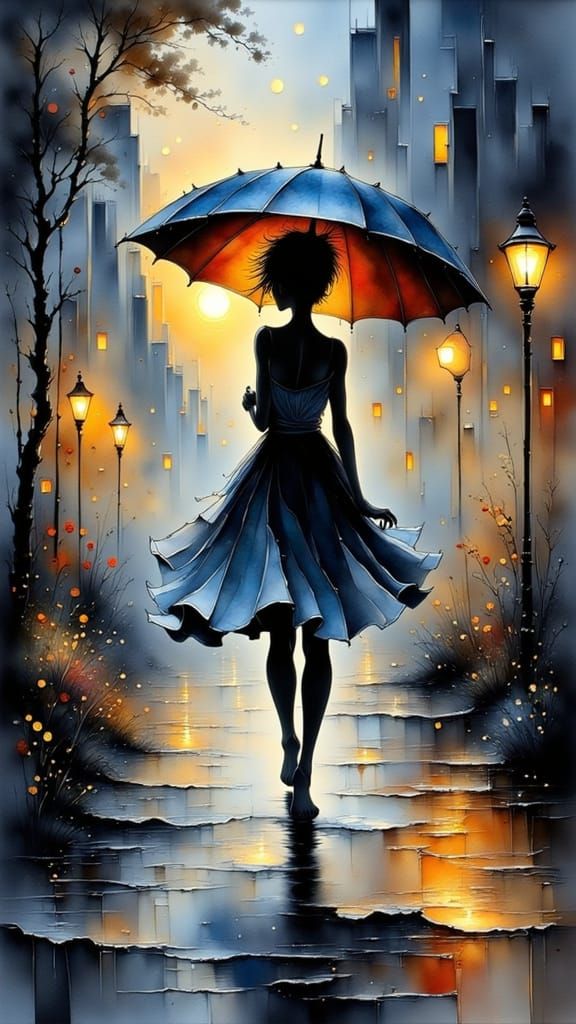 Vibrant Night Scene in Impasto Ink Painting Style