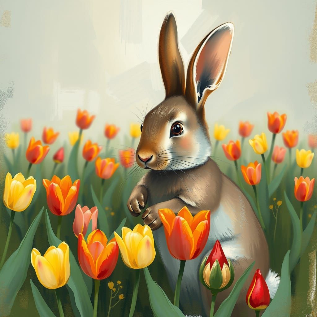 Rabbit in a Vibrant Tulip Garden