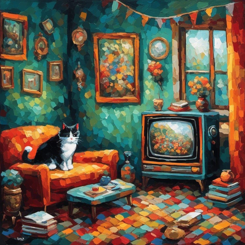 Minimalist Painting of Cat Watching Television