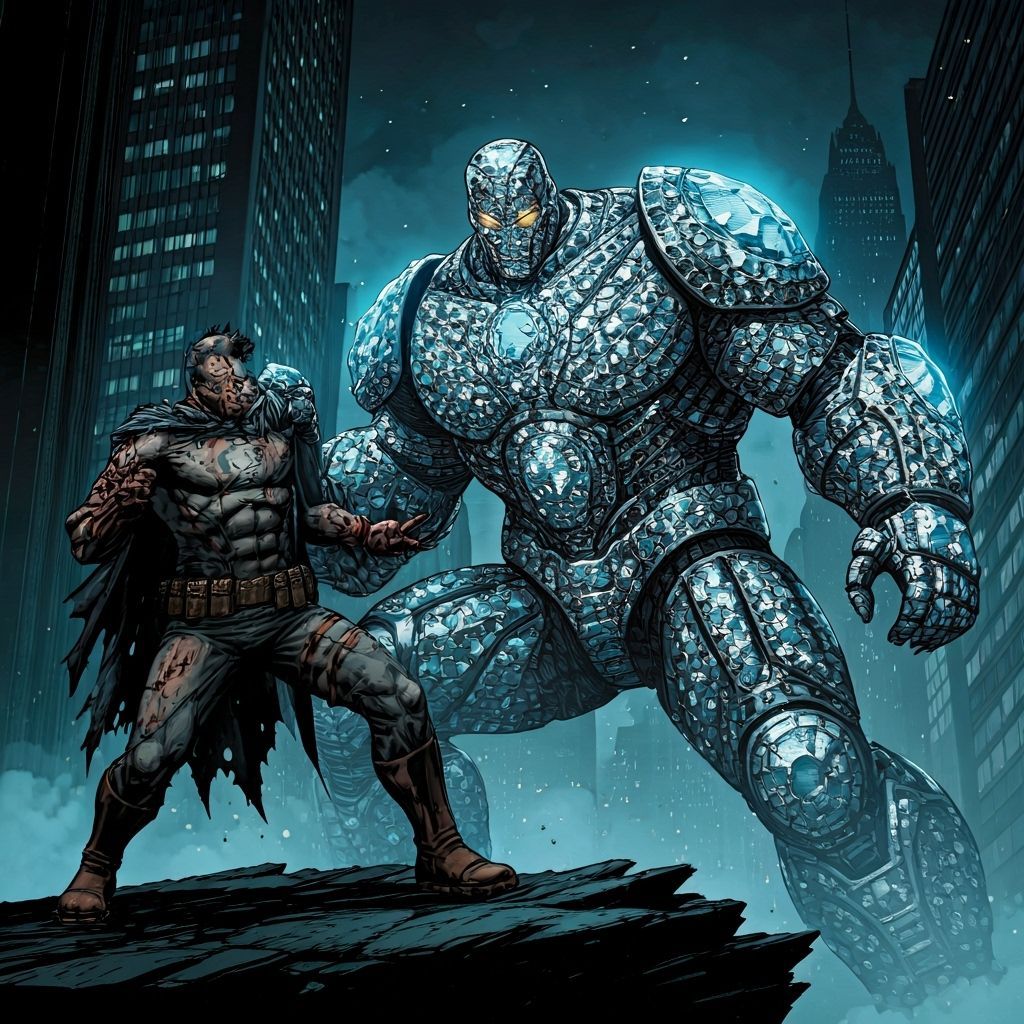 Superhero Battles Metallic Villain in Ominous Cityscape