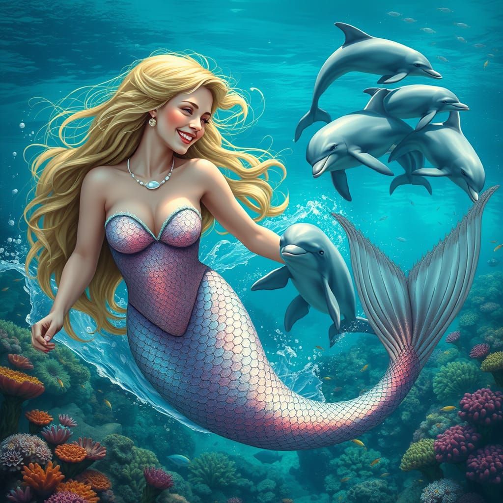 Mermaid Enchants Dolphins in Whimsical Underwater Scene
