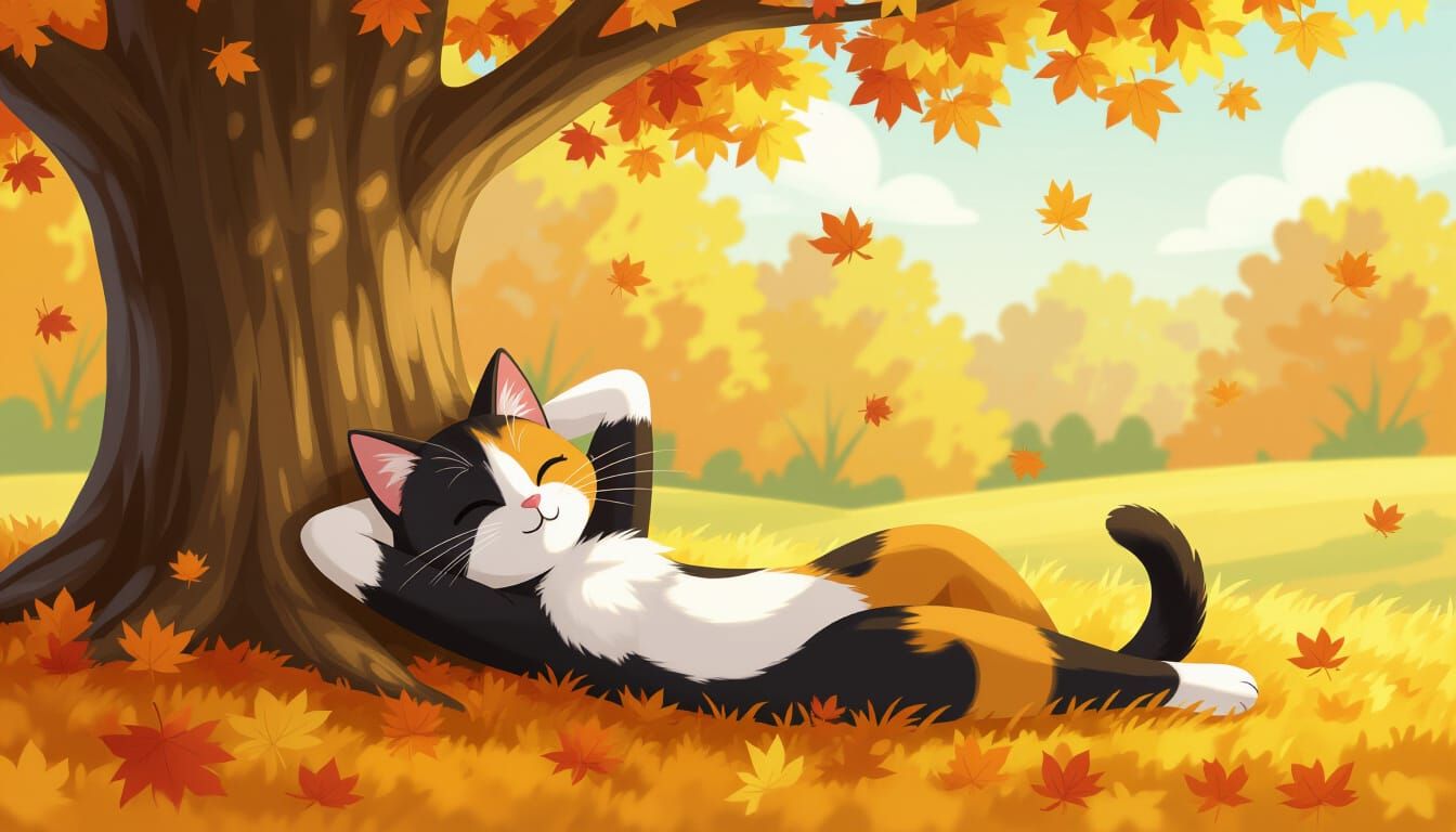 Anthropomorphic Calico Cat Girl Relaxing Under Oak Tree