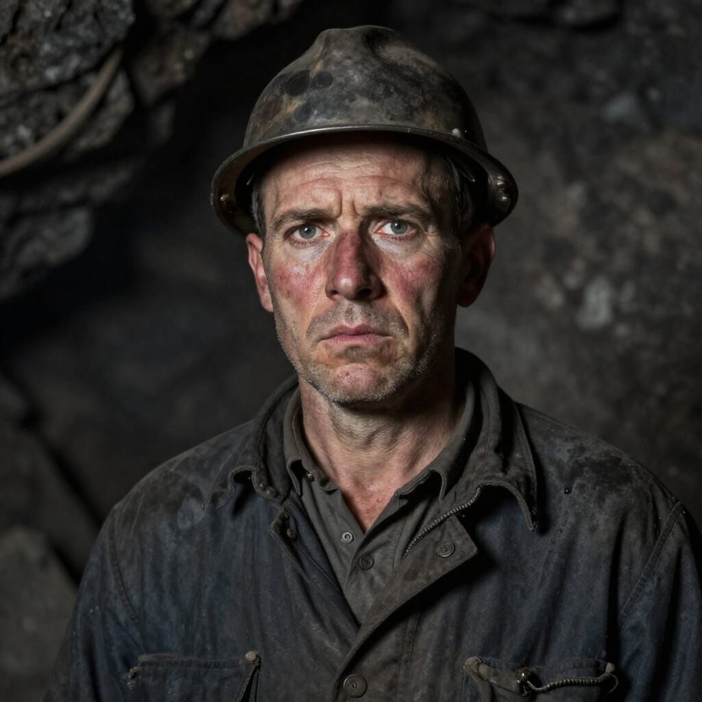 Portrait of a coal miner,  1935, the effects of financial worries and hard underground work showing on his face.