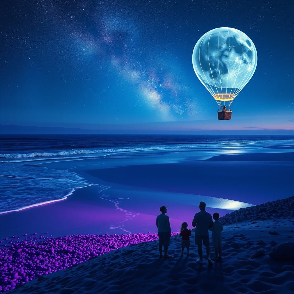 Moonlit Coastal Wonder in Vibrant, Detailed Style