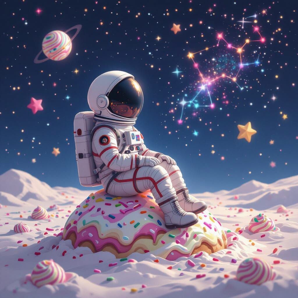 Astronaut on Ice Cream Moon in Neon Noir Style