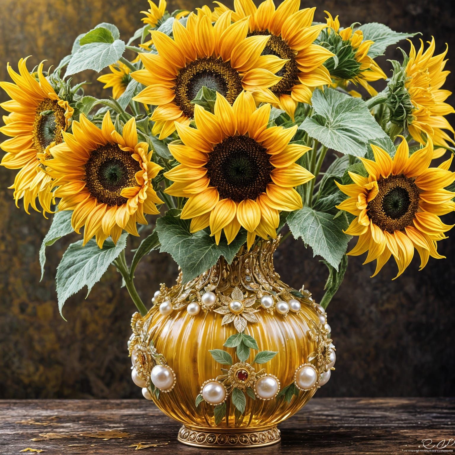 Surreal Yellow Glass Vase Filled with Ornate Sunflowers