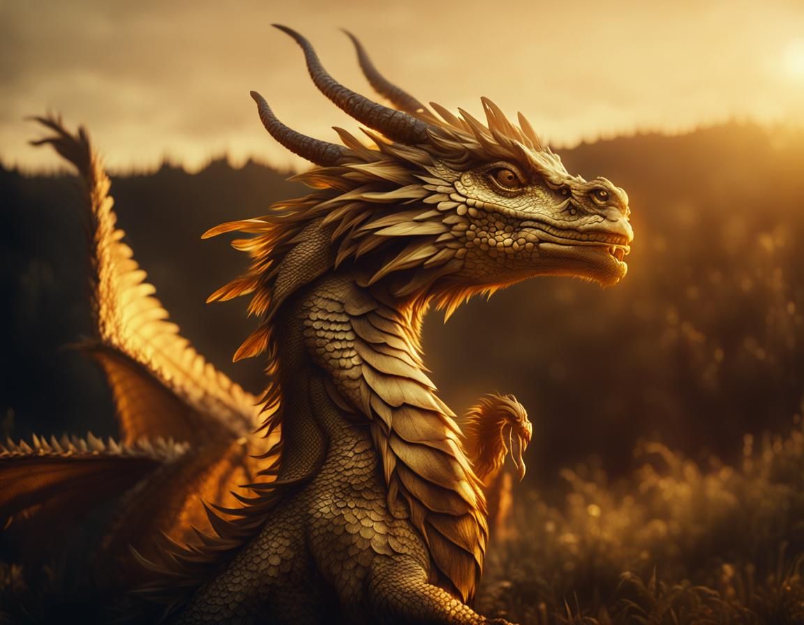 Golden Dragon with Feathers in Cinematic Lighting
