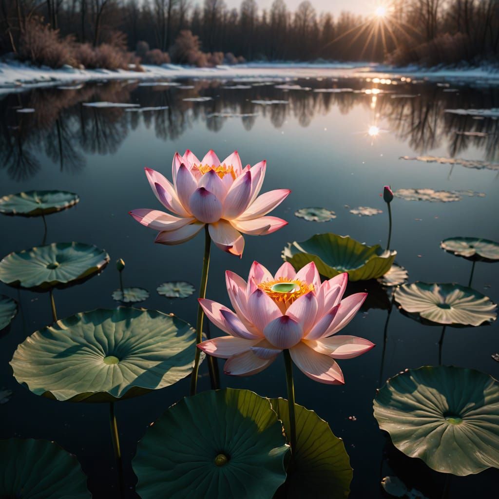 Realistic Lotus Flower Blooms from Frozen Pond in Cinematic ...