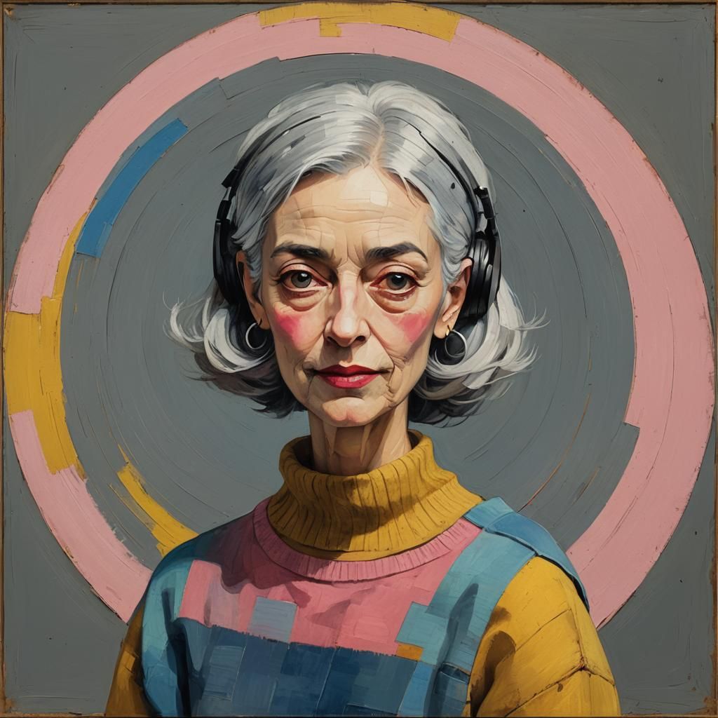 Girl by Record Player in Expressionist Style