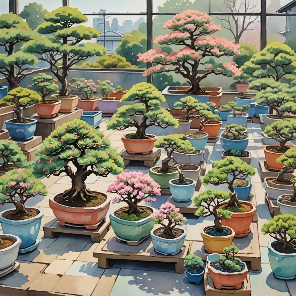 Bonsai Nursery in Tokyo: Impressionist Gouache Painting