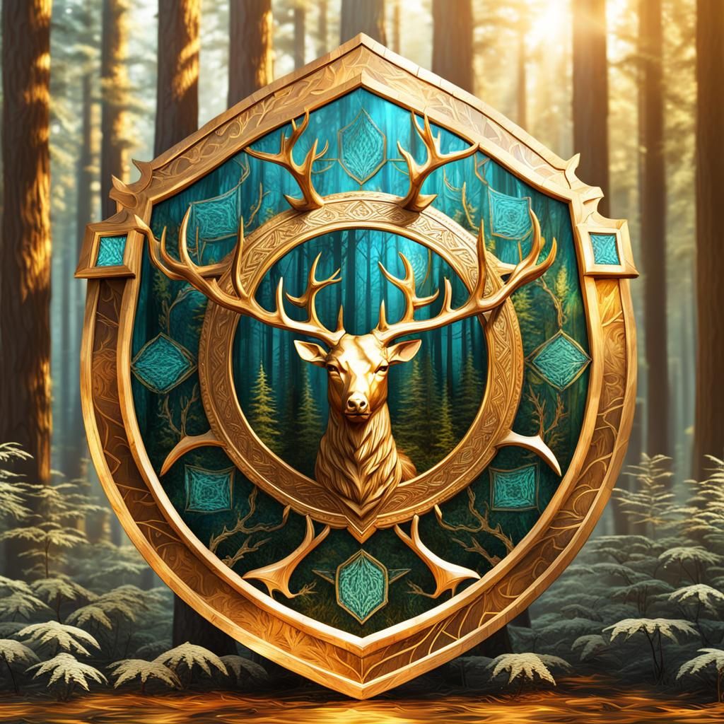 A golden  shield with element forest reflecting in it, a deer head in middle , the boarder is made by wooden sculpture w...