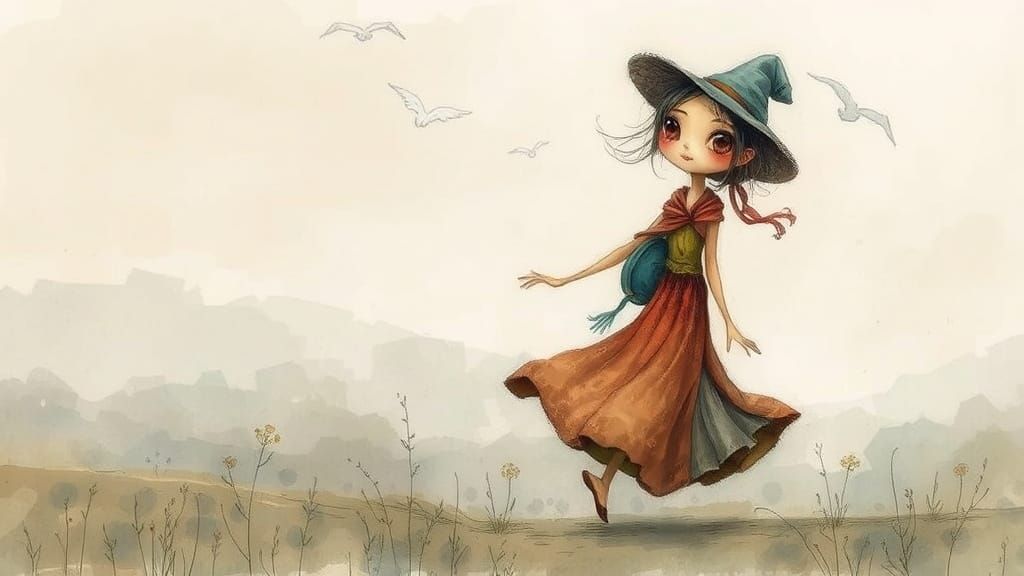 Whimsical Wanderer in Dreamlike Landscape