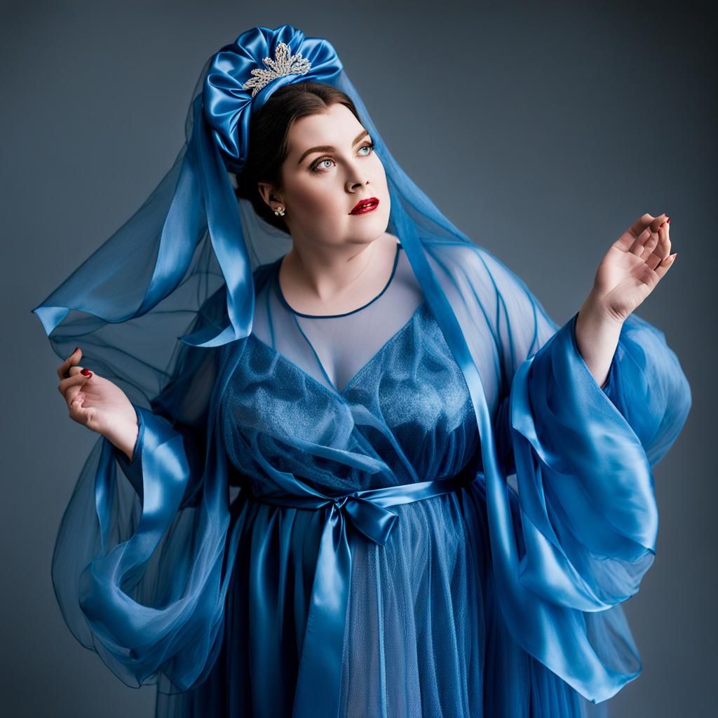 Woman in Blue Tulle Robe and Satin Headscarf