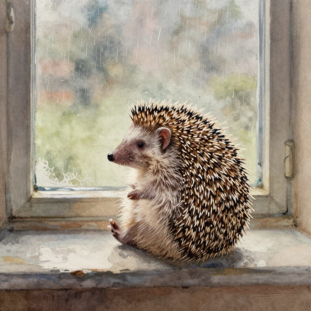 Hedgehog Gazing at Rain in Soft Light