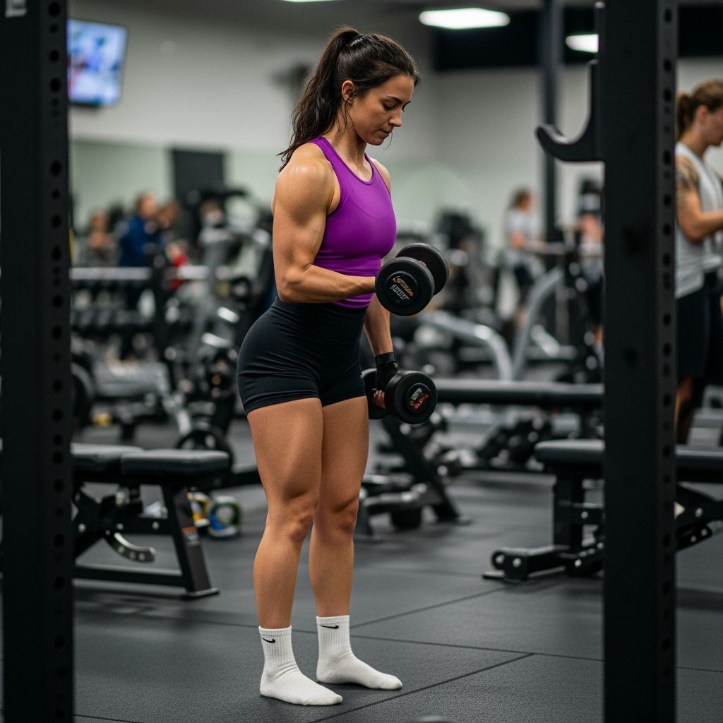Woman Doing Bicep Curls in Busy Gym