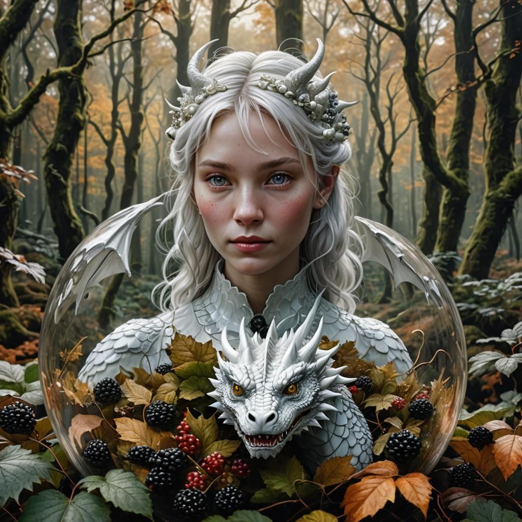 White Dragon and Woman in Autumn Forest Terrarium